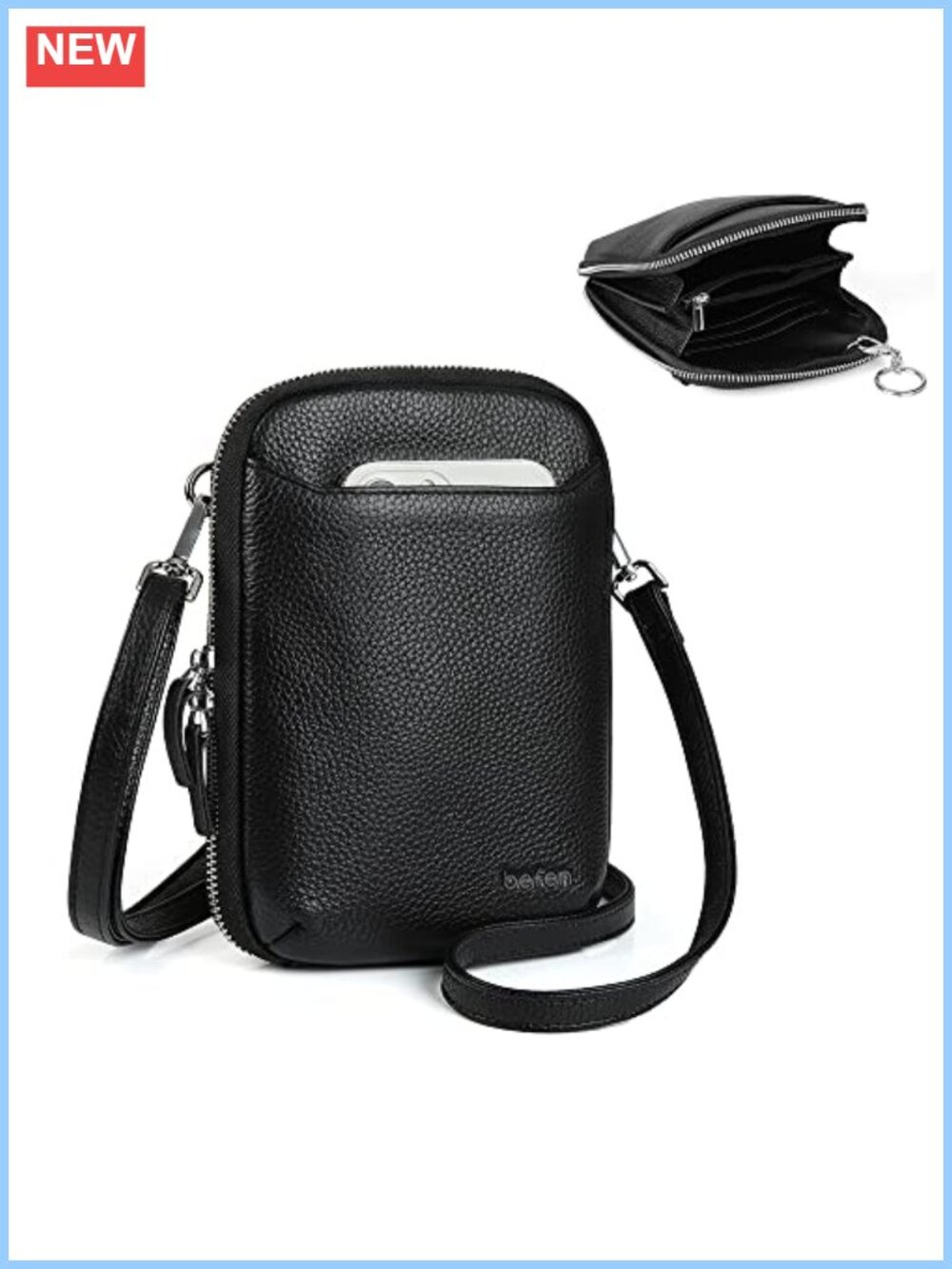 Genuine Pebbled Leather Crossbody Cell Phone Purse RFID Blocking Wallet